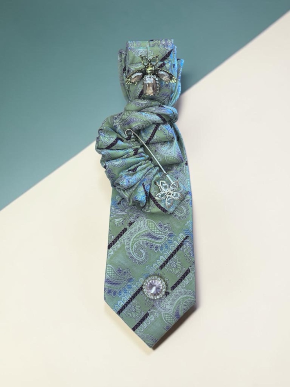 Green Paisley Womens Tie with Decorative Brooch Accents